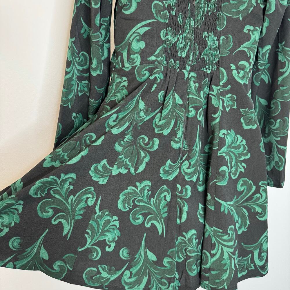 Abercrombie & Fitch Long-Sleeve Squareneck Mini Dress Green Floral Sz MP - Picture 4 of 10